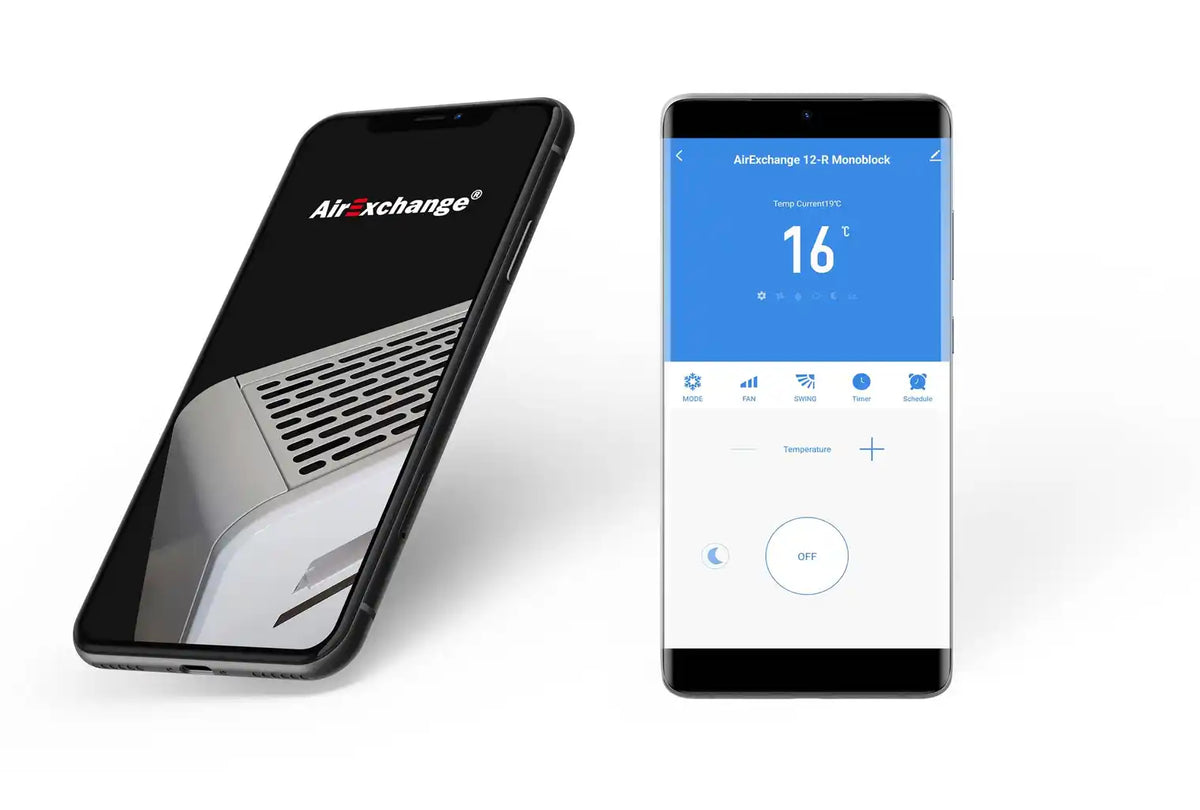 AirExchange 12-R monoblock bediening weergegeven op smartphones