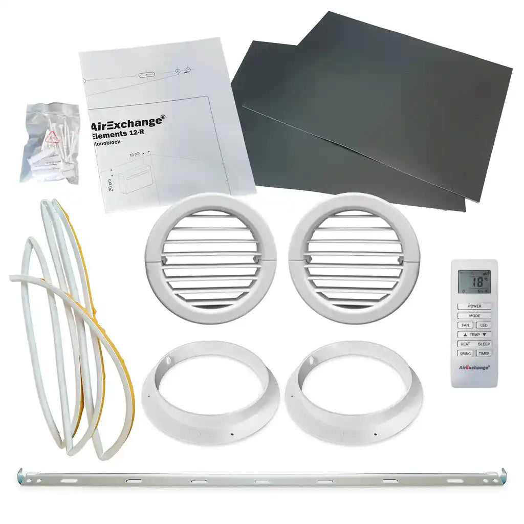 Meegeleverde onderdelen van de AirExchange Elements 12-R monoblock, waaronder afstandsbediening, muurroosters en montagemateriaal