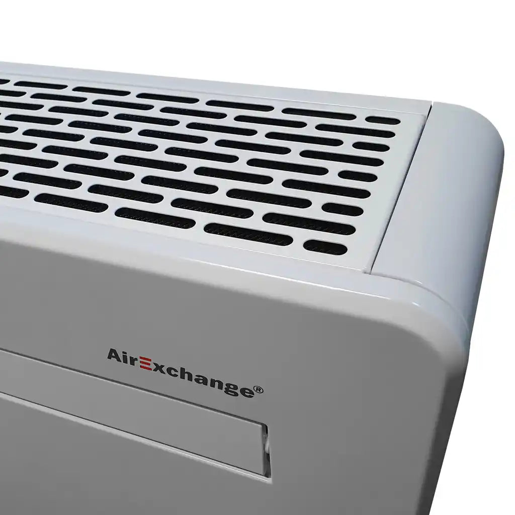 Detail van AirExchange-logo en bovenzijde van witte monoblock